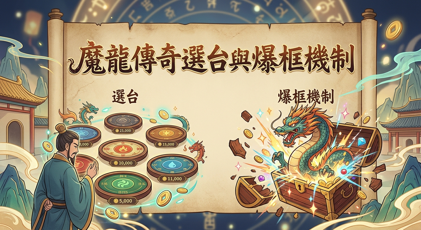 這裡是一張以東方玄幻風格設計的圖片,背景為古典卷軸,兩側展示著遊戲中的選台介面與寶箱爆框機制。 畫面的上方特別以醒目的中文楷書字體標註了主題標題:「魔龍傳奇選台與爆框機制」。