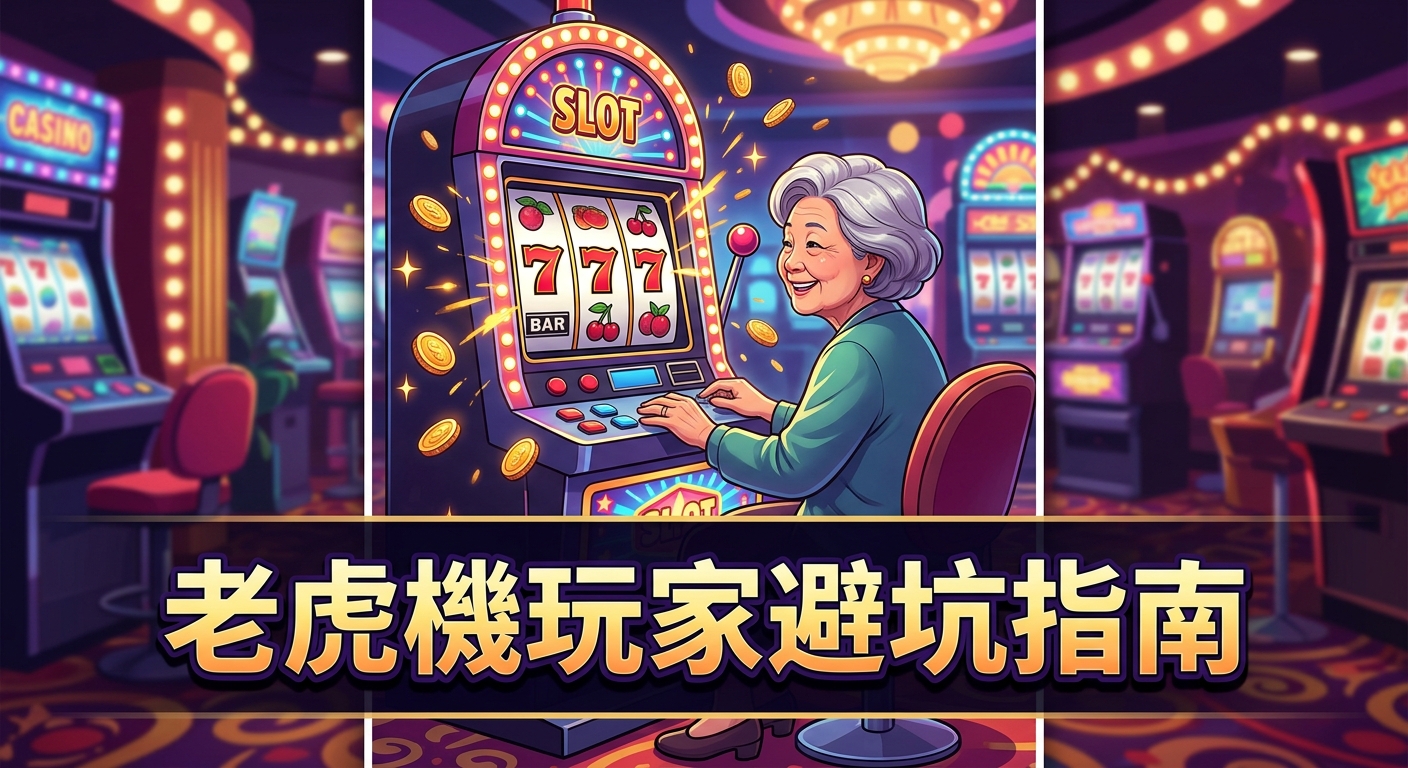 這張圖片展示了一位面帶微笑的長者正在色彩斑斕的賭場內愉快地操作老虎機,前方浮現出大型標題「老虎機玩家避坑指南」。 背景充滿了各式閃爍的彩燈與其他遊戲機台,整體呈現出豐富且吸引人的視覺與娛樂氛圍。