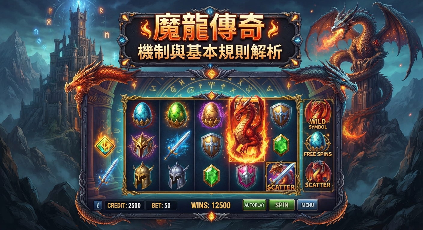這張圖片展示了一款以魔龍傳奇為主題的奇幻風老虎機遊戲介面。 畫面頂部醒目地標示著遊戲標題，周圍環繞著龍與古堡的精美插圖。