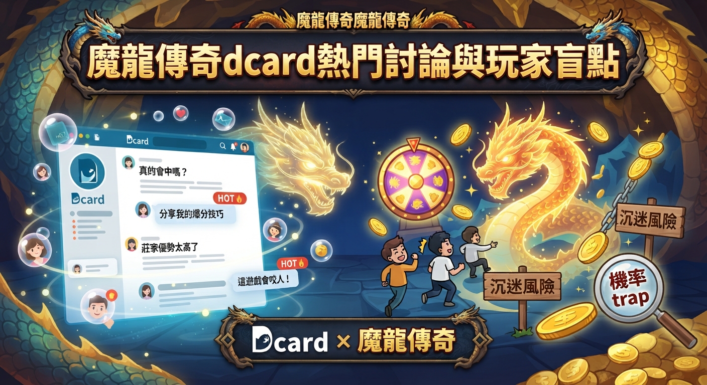 這張圖片展示了《魔龍傳奇》在Dcard上的熱門討論與玩家盲點，結合了社群論壇介面、黃金巨龍與玩家盲點警示。 畫面透過遊戲元素與討論熱潮的視覺化呈現，突顯出玩家在遊戲中常遇到的機率陷阱與沉迷風險。