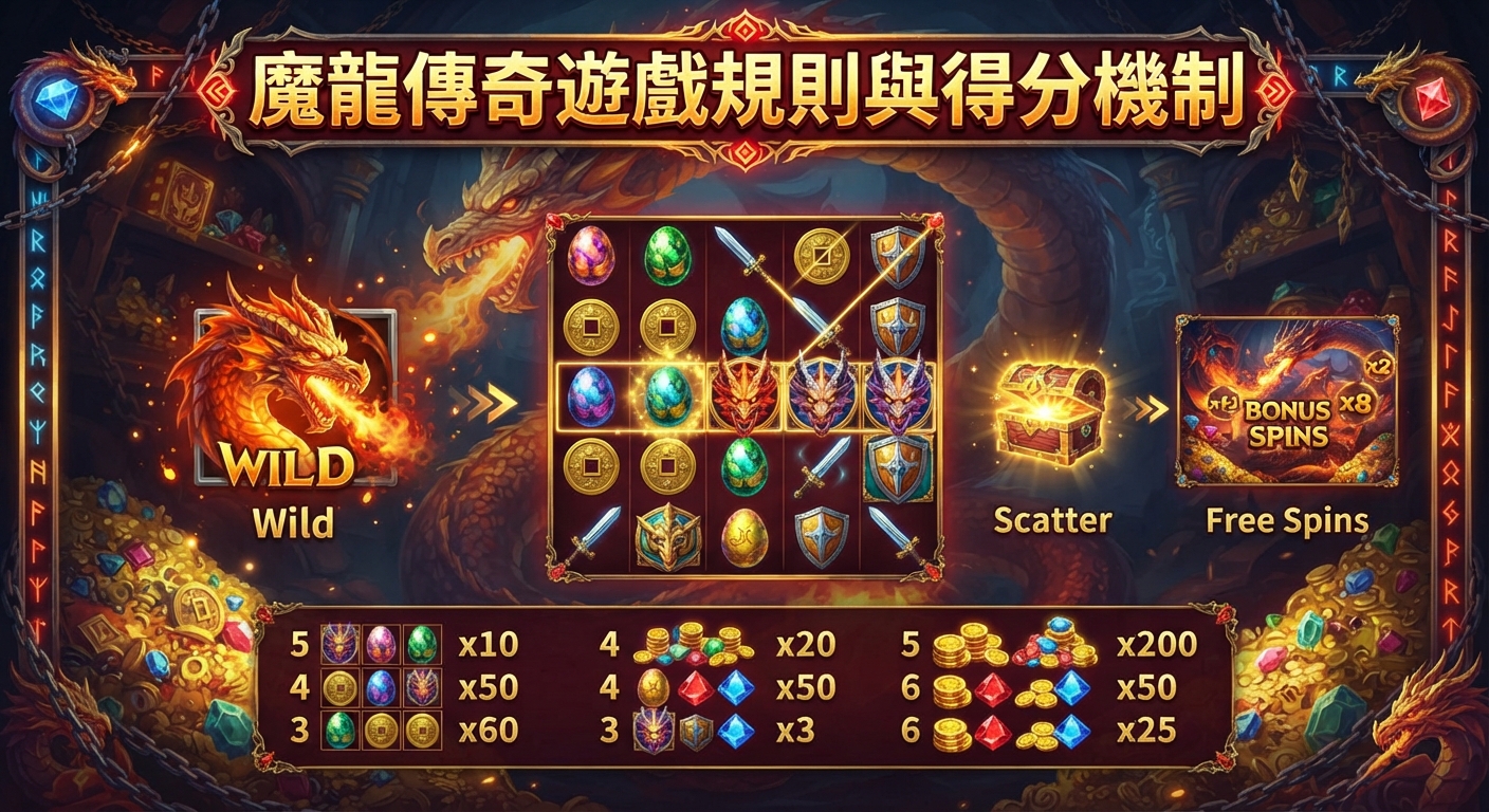 魔龍傳奇遊戲規則與得分機制展示了神秘的魔幻主題老虎機介面。 畫面中包含精緻的寶箱、龍眼寶石與得分倍數說明。