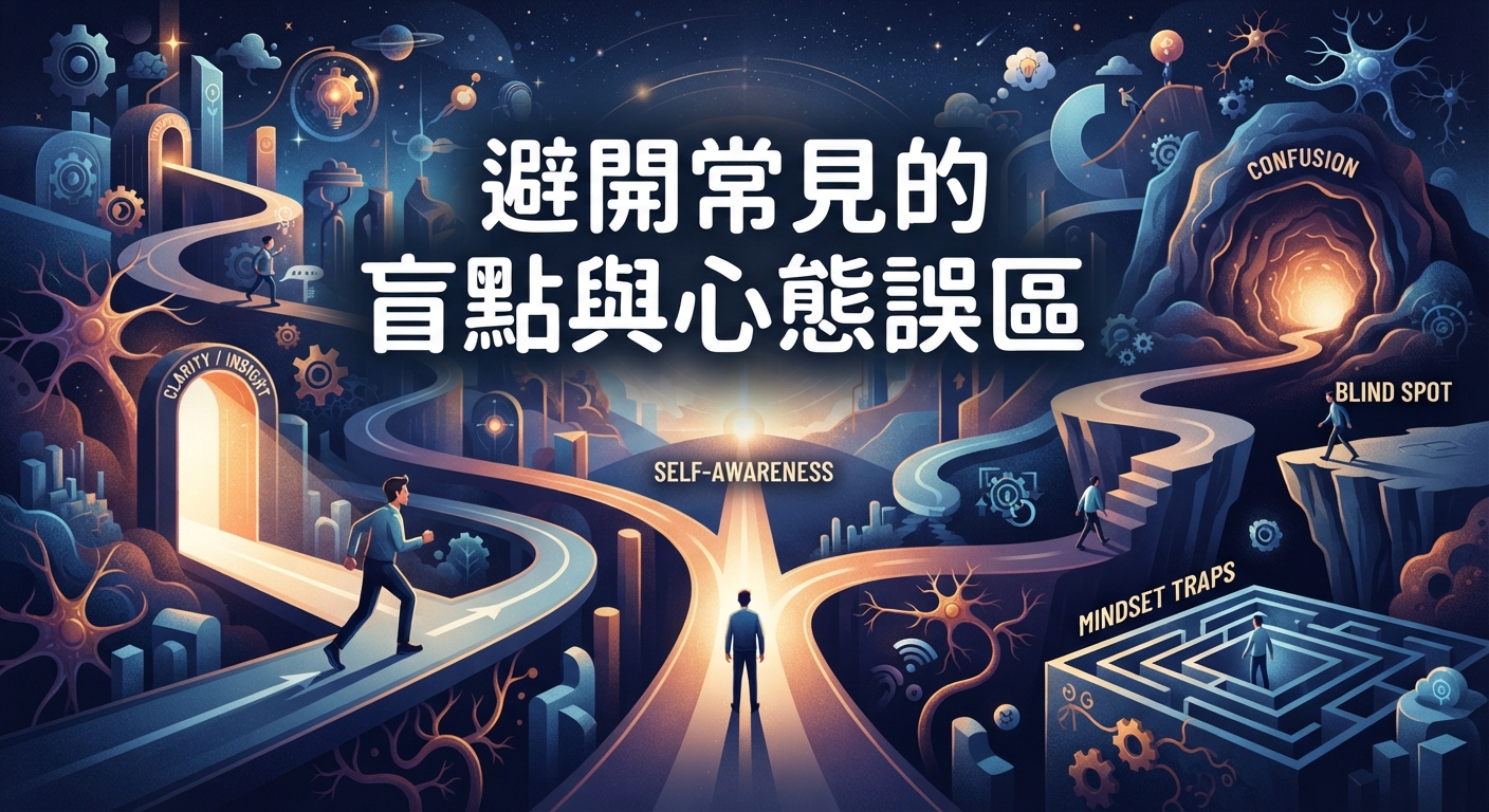 圖片中央醒目地顯示著「避開常見的盲點與心態誤區」標題。 畫面透過岔路、迷宮與明亮的光芒,象徵在心智探索中避開盲點、尋找清晰思維的過程。