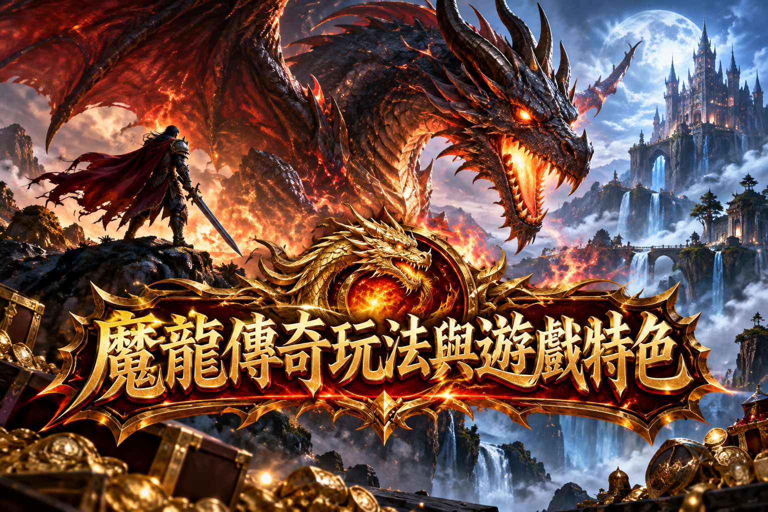 畫面以霸氣的黑色魔龍與烈焰戰場為主題，搭配奇幻城堡、勇士與金色寶藏，展現《魔龍傳奇》的震撼視覺效果。 透過華麗的金色標題與史詩級遊戲場景，突顯魔龍傳奇的玩法特色、冒險氛圍與奇幻娛樂體驗。
