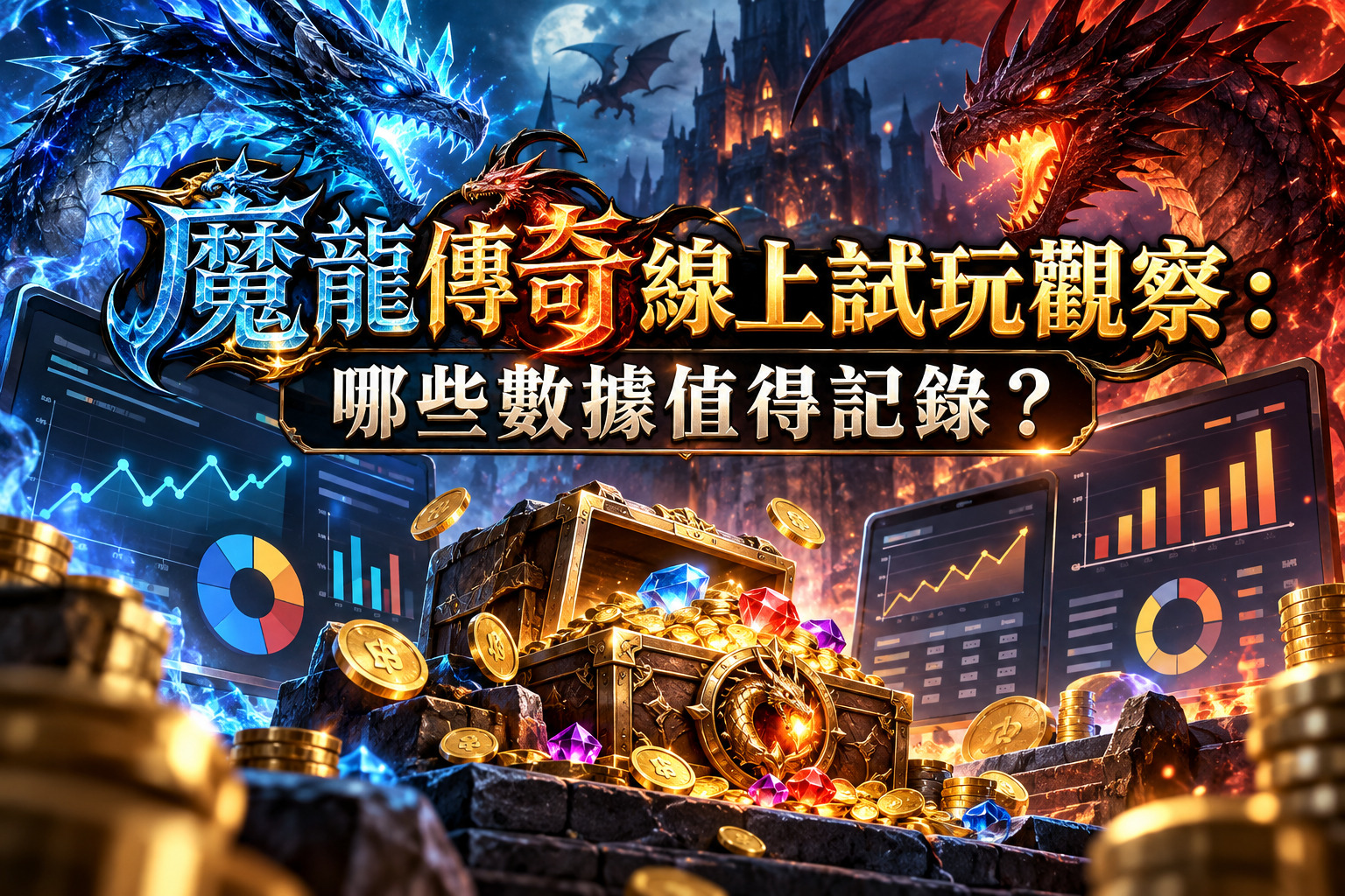 畫面以冰藍與烈焰巨龍為主題，搭配神秘城堡、金幣與寶箱，呈現《魔龍傳奇》充滿奇幻色彩的遊戲氛圍。 兩側結合數據圖表與分析介面，突顯線上試玩時記錄遊戲結果、觀察數據變化與分析遊戲表現的重要性。